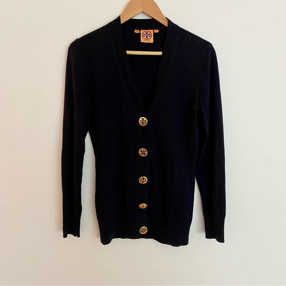 Tory Burch Logo Button V-Neck Cardigan in Navy - Picture 2 of 8
